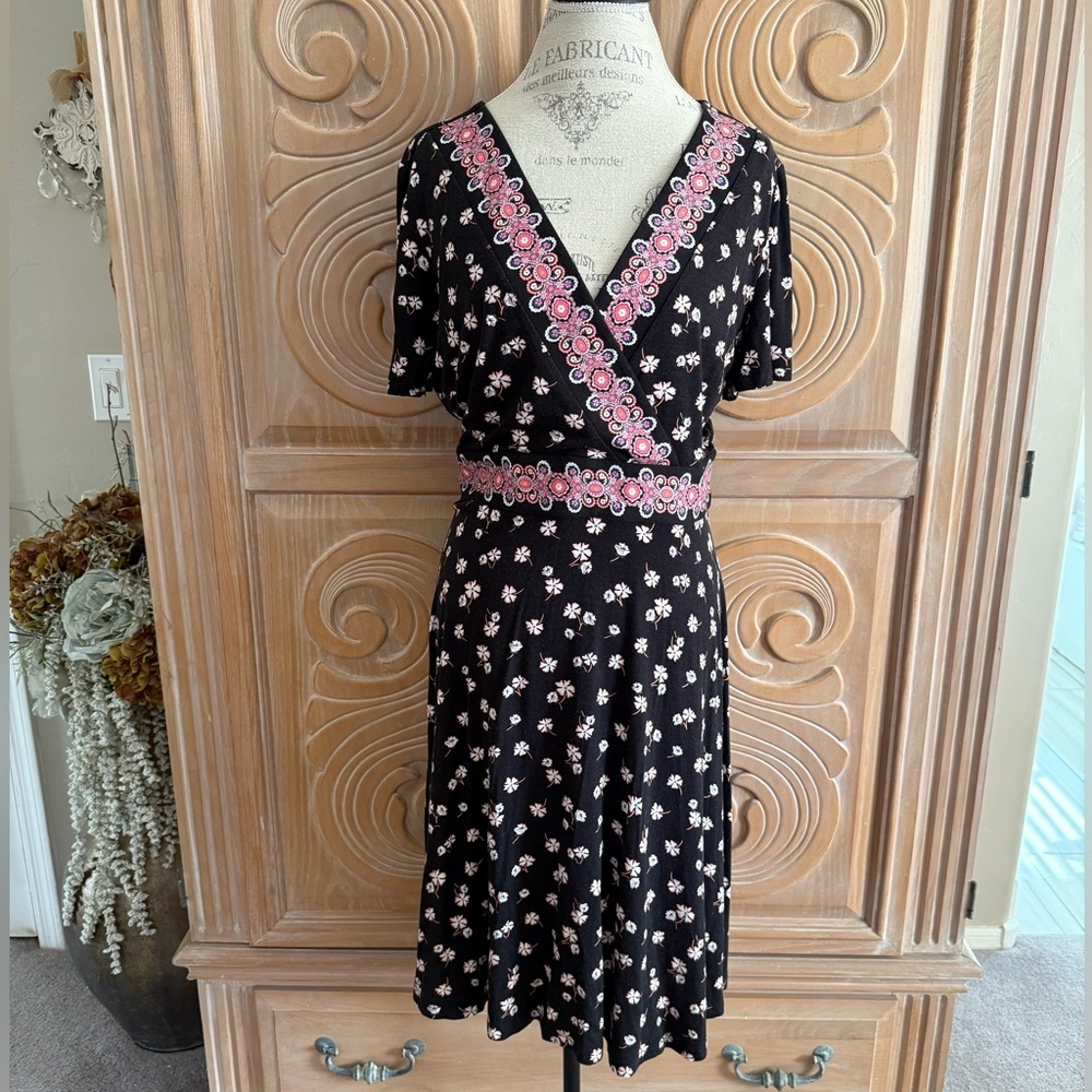 LOFT Black Midi Dress with Pink Floral Design Size 14